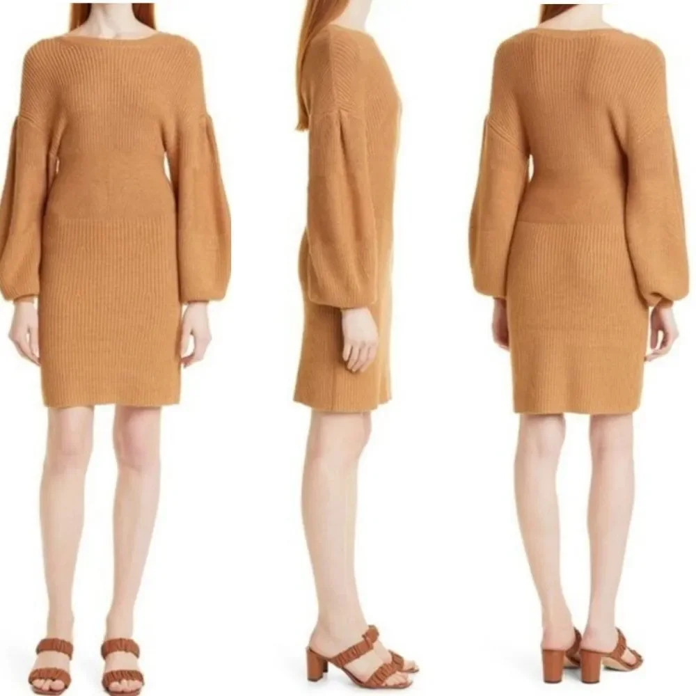 NEW STAUD Marylebone Camel Tan Long Sleeve Knit Sweater Dress Size Large - Picture 5 of 10